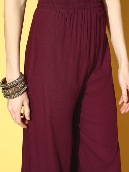 Women's Burgundy Embroidered Straight Kurta With Plazo & Dupatta