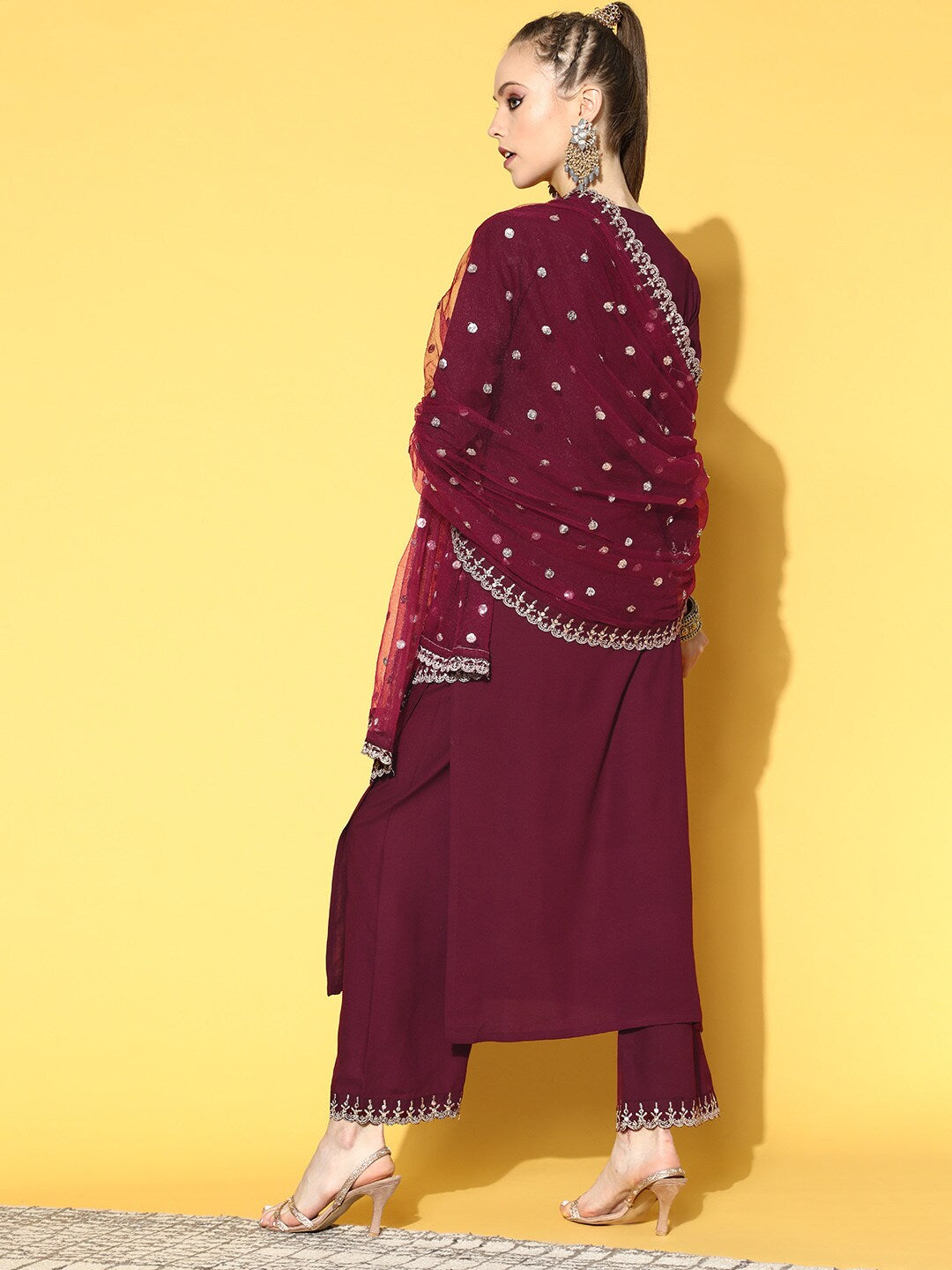 Women's Burgundy Embroidered Straight Kurta With Plazo & Dupatta