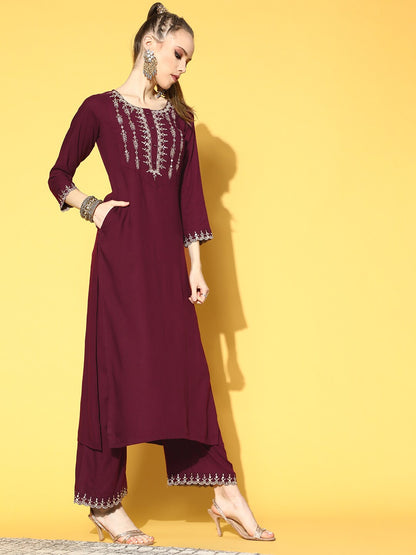 Women's Burgundy Embroidered Straight Kurta With Plazo & Dupatta
