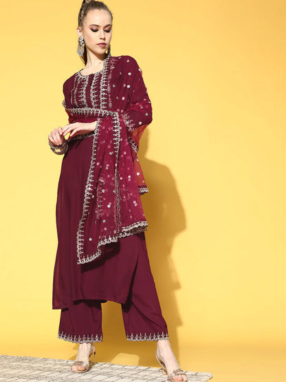 Women's Burgundy Embroidered Straight Kurta With Plazo & Dupatta