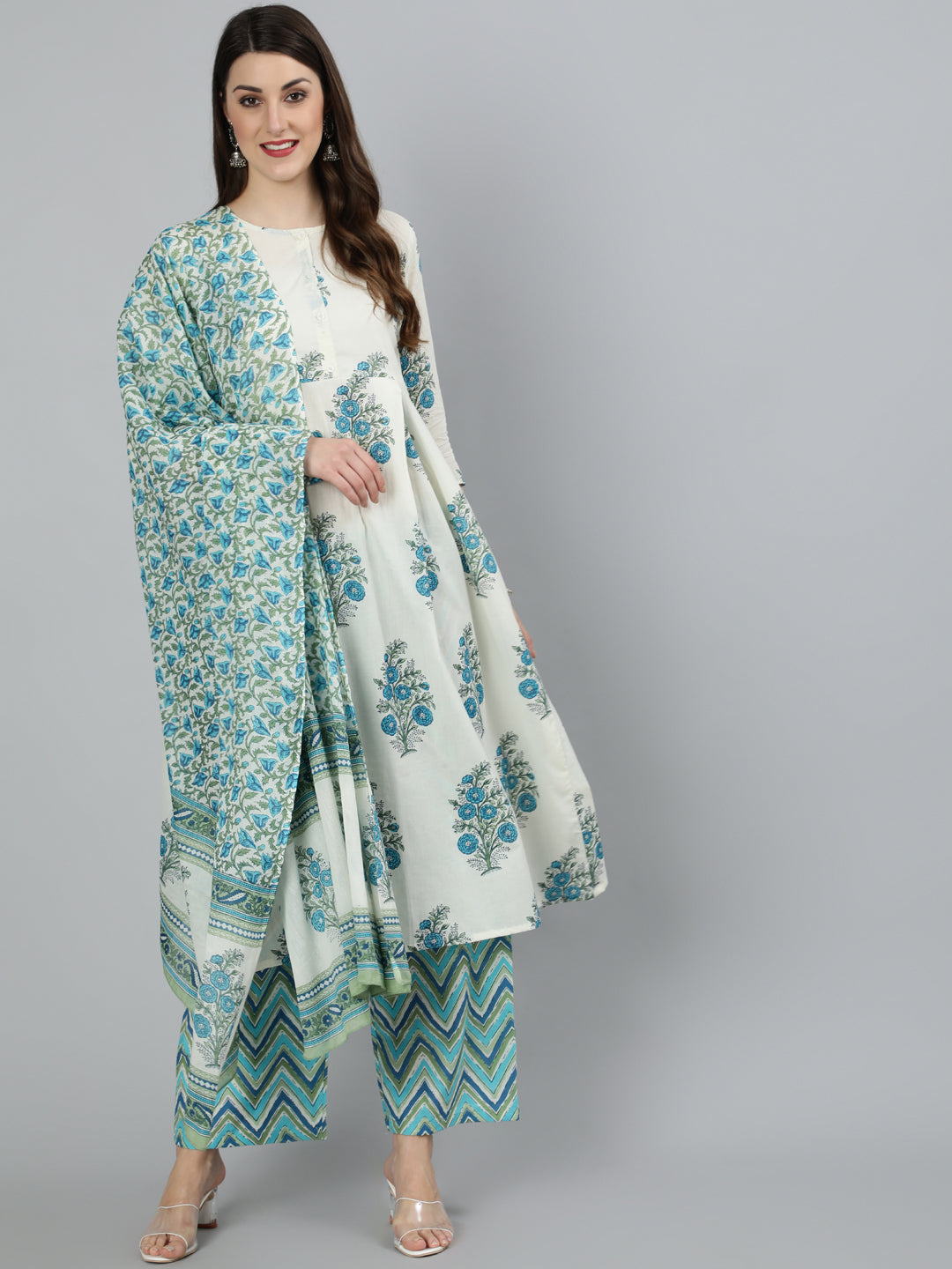 Women's White Ethnic Floral Printed Flared Kurta With Palazzo And Dupatta