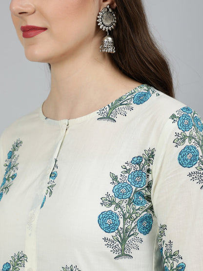 Women's White Ethnic Floral Printed Flared Kurta With Palazzo And Dupatta