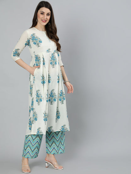 Women's White Ethnic Floral Printed Flared Kurta With Palazzo And Dupatta