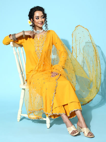 Women's Yellow Embroidered Straight Kurta With Plazo & Dupatta