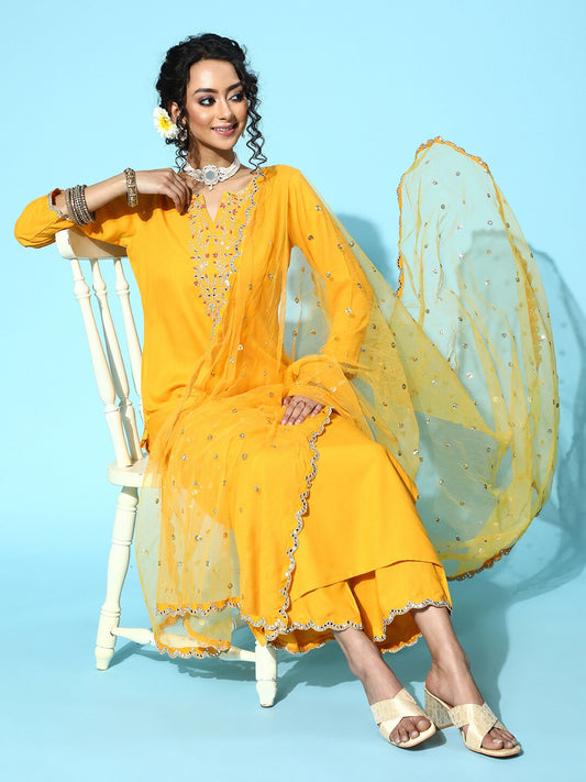 Women's Yellow Embroidered Straight Kurta With Plazo & Dupatta