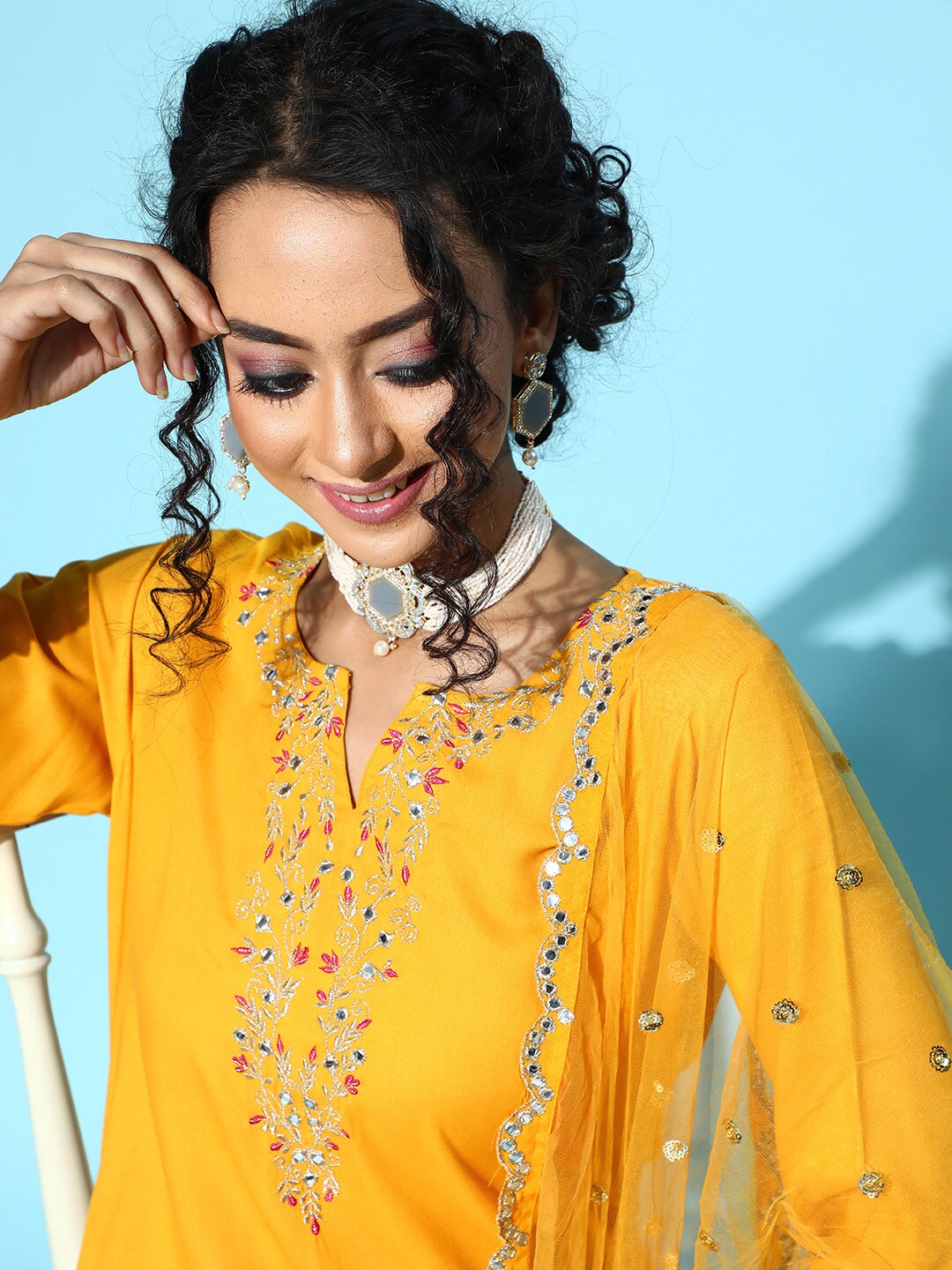 Women's Yellow Embroidered Straight Kurta With Plazo & Dupatta