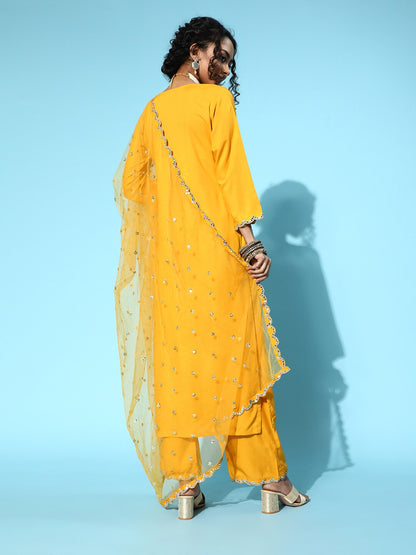 Women's Yellow Embroidered Straight Kurta With Plazo & Dupatta