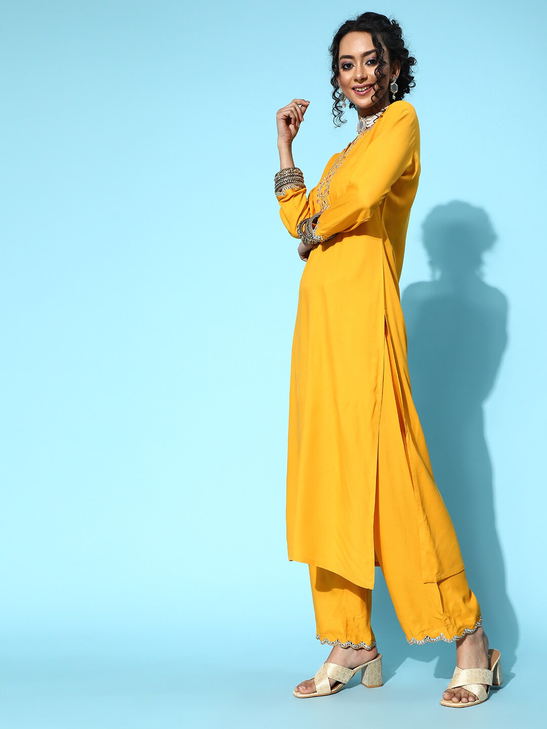 Women's Yellow Embroidered Straight Kurta With Plazo & Dupatta