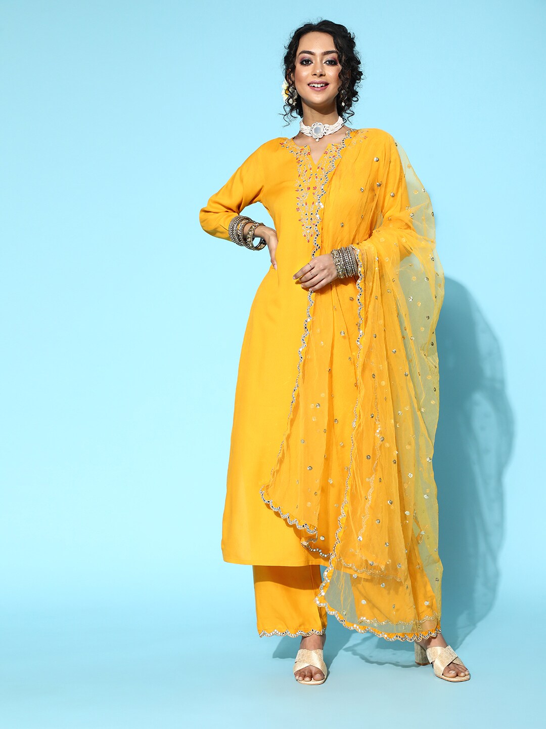 Women's Yellow Embroidered Straight Kurta With Plazo & Dupatta