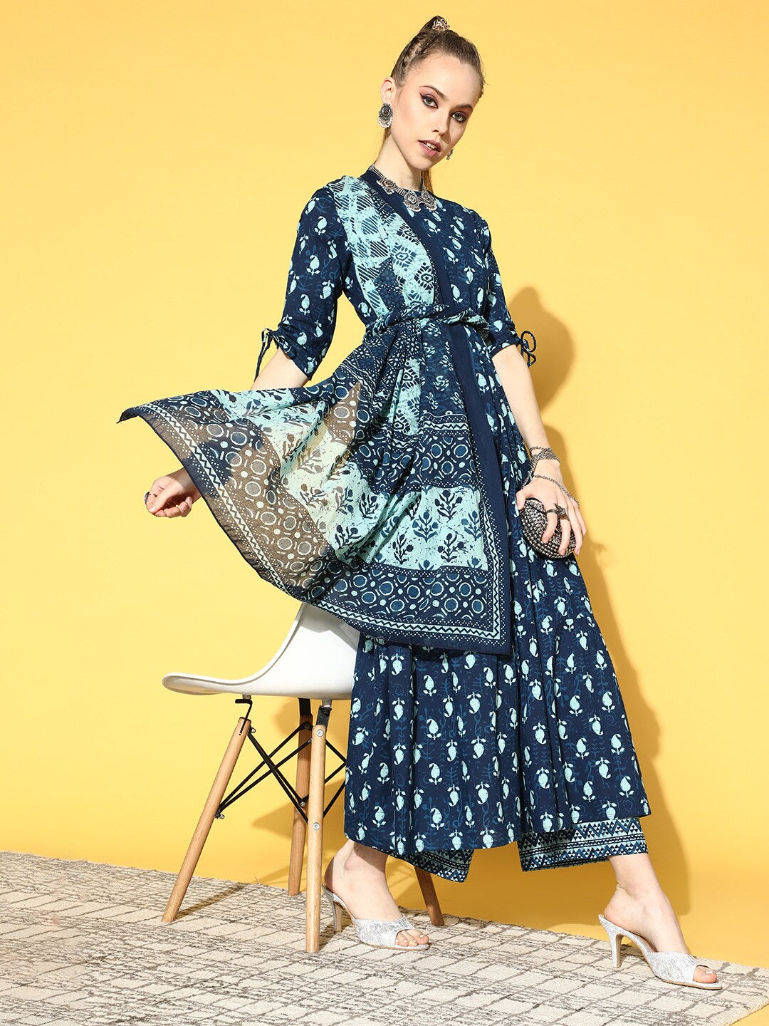 Women's Blue Tiered Kurta With Plazo & Dupatta