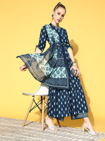 Women's Blue Tiered Kurta With Plazo & Dupatta