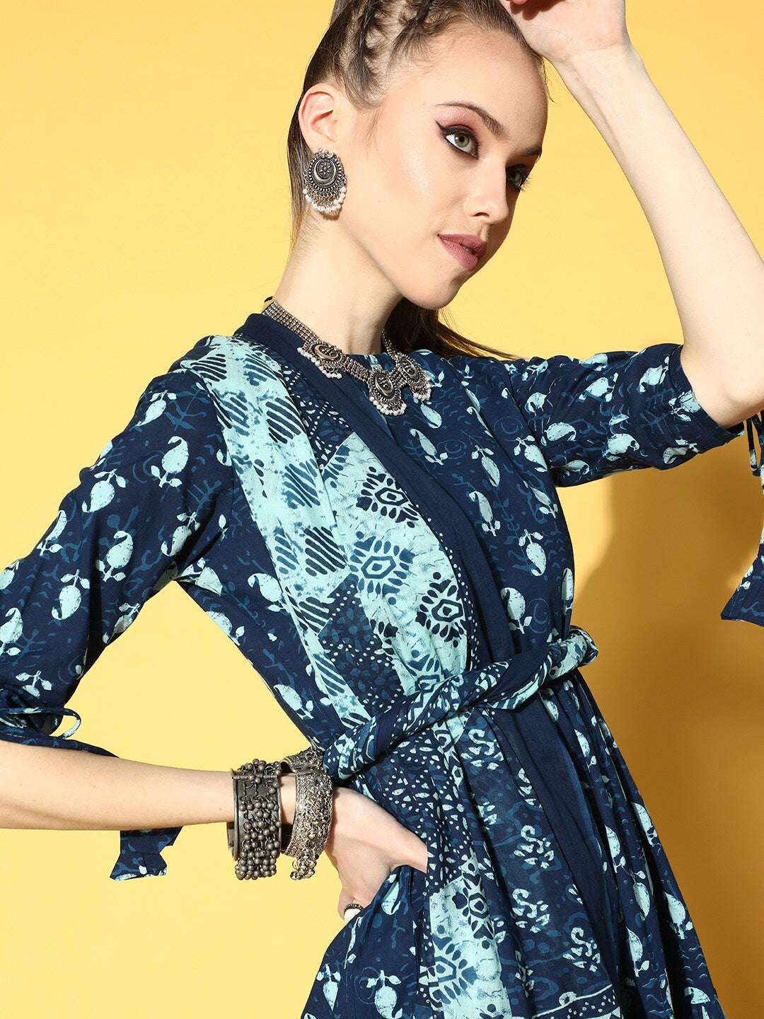 Women's Blue Tiered Kurta With Plazo & Dupatta