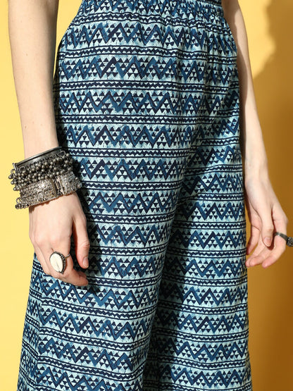 Women's Blue Tiered Kurta With Plazo & Dupatta