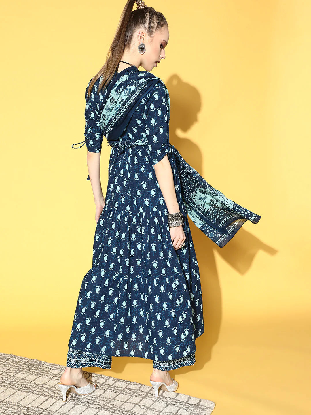 Women's Blue Tiered Kurta With Plazo & Dupatta