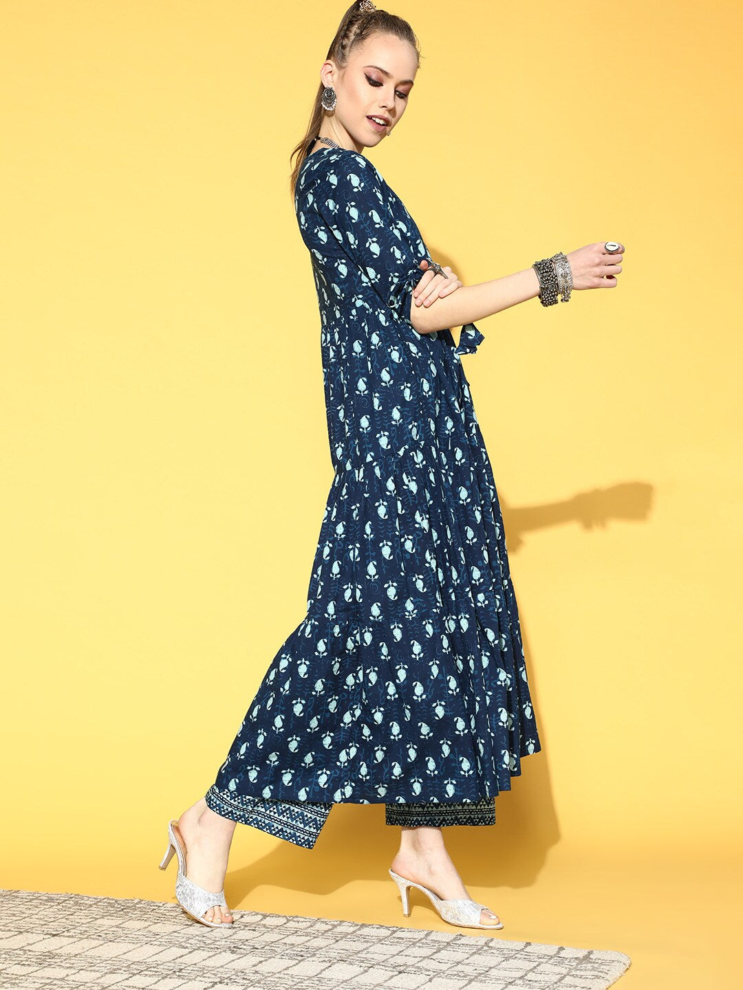 Women's Blue Tiered Kurta With Plazo & Dupatta