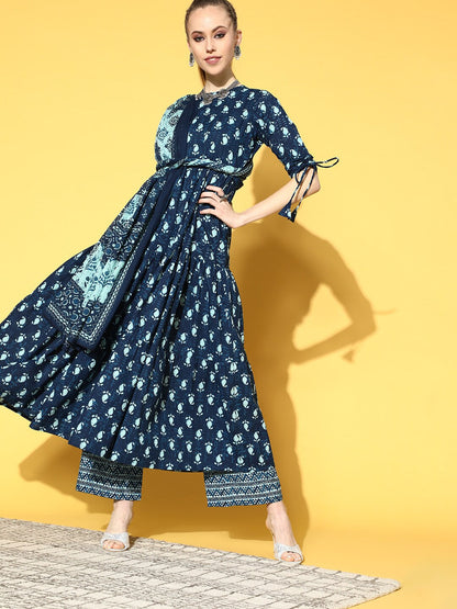 Women's Blue Tiered Kurta With Plazo & Dupatta