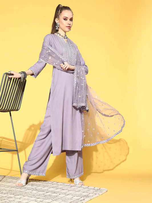 Women's Lavender Embroidered Straight Kurta With Plazo & Dupatta