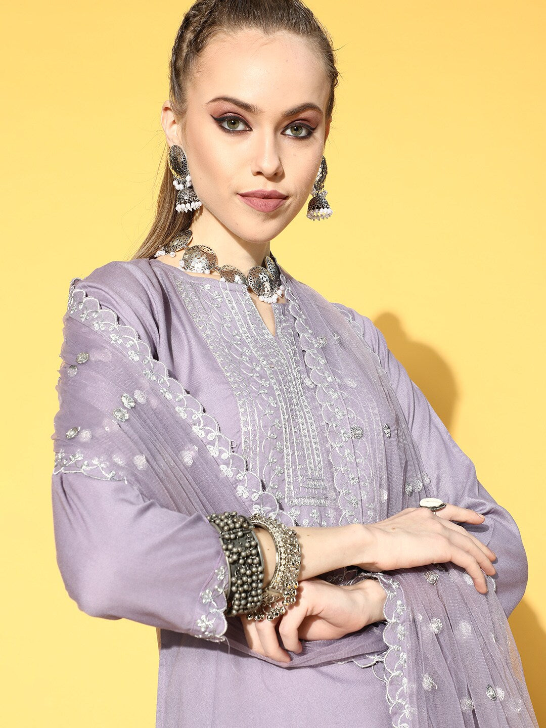 Women's Lavender Embroidered Straight Kurta With Plazo & Dupatta