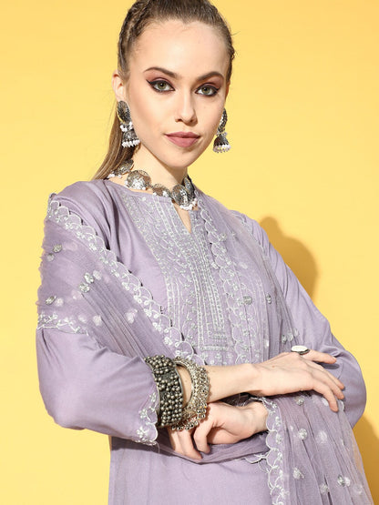 Women's Lavender Embroidered Straight Kurta With Plazo & Dupatta