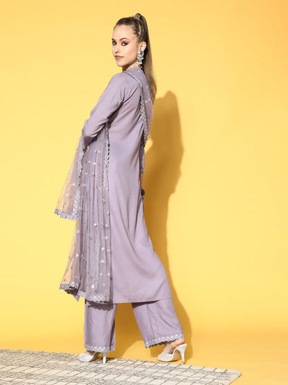 Women's Lavender Embroidered Straight Kurta With Plazo & Dupatta