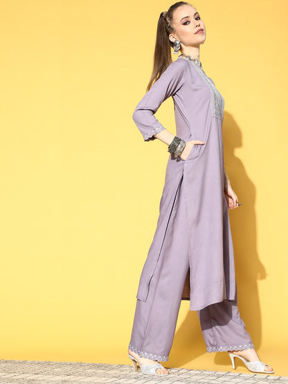 Women's Lavender Embroidered Straight Kurta With Plazo & Dupatta
