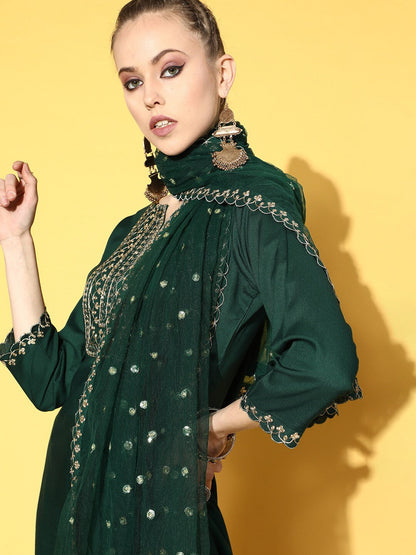 Women's Green Embroidered Straight Kurta With Plazo & Dupatta