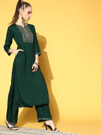Women's Green Embroidered Straight Kurta With Plazo & Dupatta