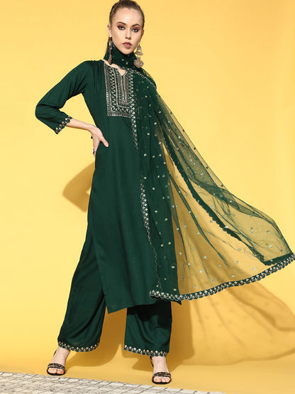 Women's Green Embroidered Straight Kurta With Plazo & Dupatta