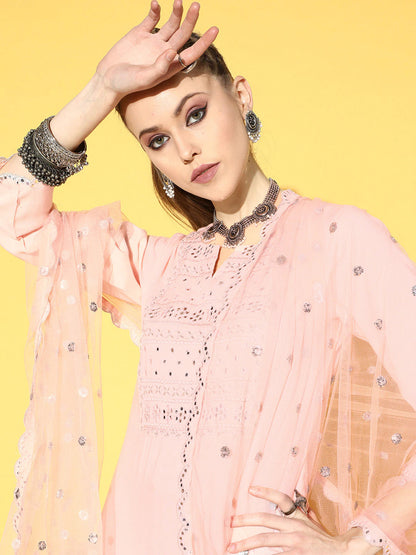 Women's Light Pink Embroidered Straight Kurta With Plazo & Dupatta