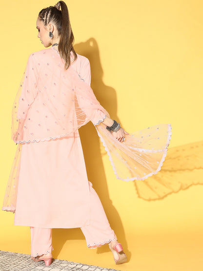 Women's Light Pink Embroidered Straight Kurta With Plazo & Dupatta
