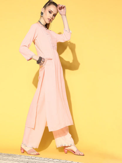 Women's Light Pink Embroidered Straight Kurta With Plazo & Dupatta