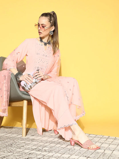 Women's Light Pink Embroidered Straight Kurta With Plazo & Dupatta