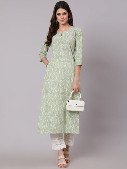 Women's Green Printed Straight Kurta and White Solid Palazzo With Lace Detail