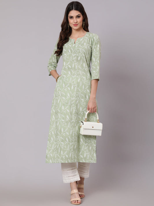 Women's Green Printed Straight Kurta and White Solid Palazzo With Lace Detail
