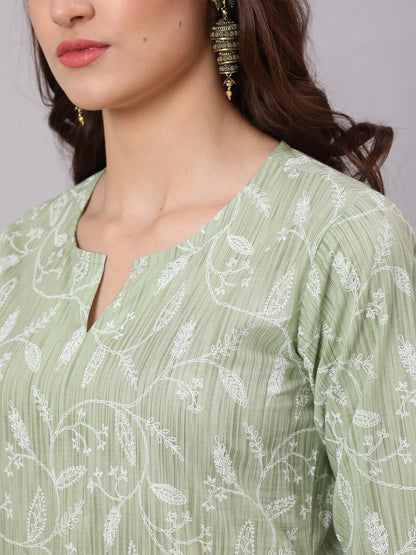 Women's Green Printed Straight Kurta and White Solid Palazzo With Lace Detail