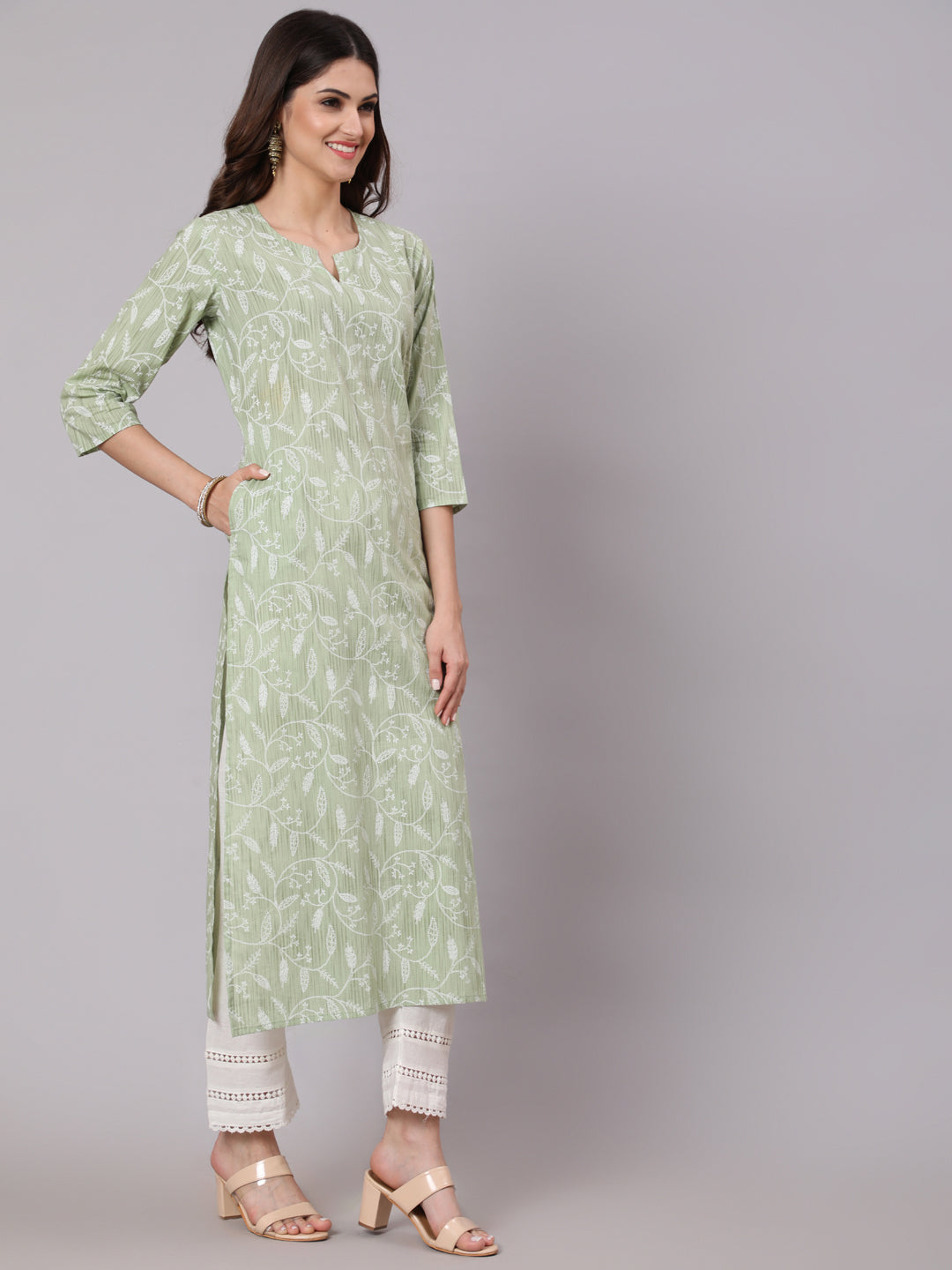 Women's Green Printed Straight Kurta and White Solid Palazzo With Lace Detail
