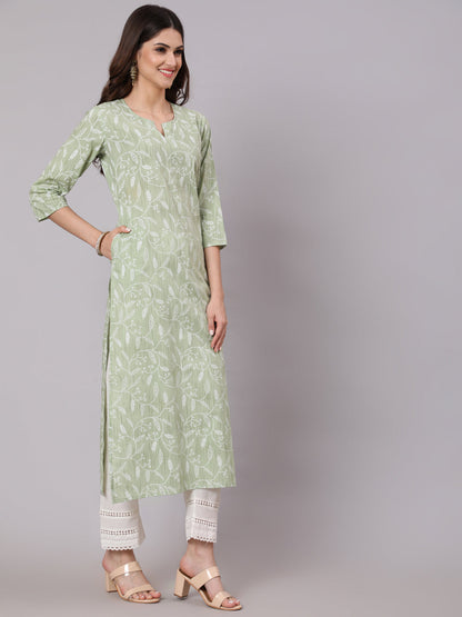 Women's Green Printed Straight Kurta and White Solid Palazzo With Lace Detail