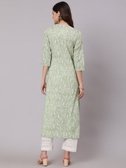 Women's Green Printed Straight Kurta and White Solid Palazzo With Lace Detail
