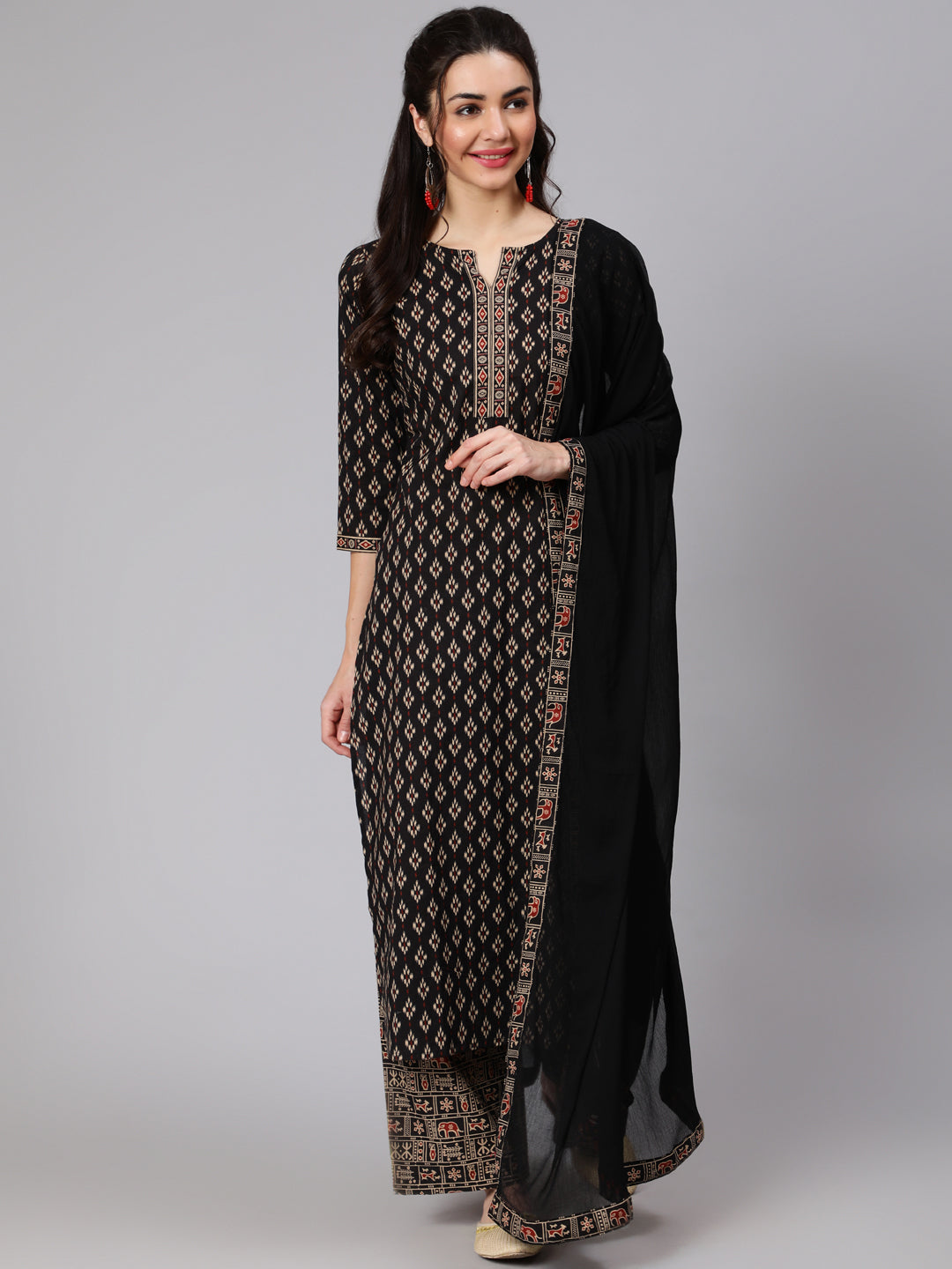 Women's Black Ethnic Printed Straight Kurta With Palazzo And Chiffon Dupatta