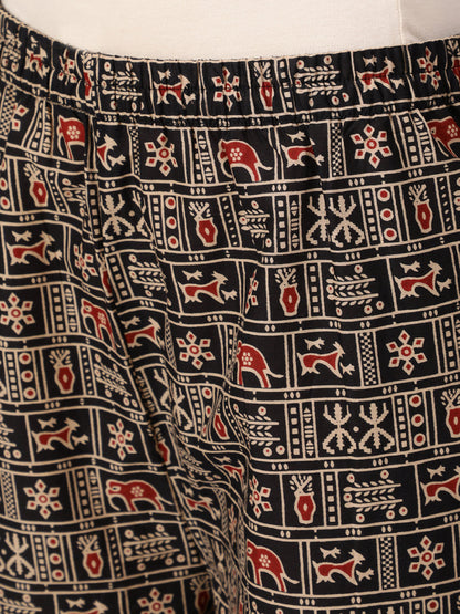 Women's Black Ethnic Printed Straight Kurta With Palazzo And Chiffon Dupatta