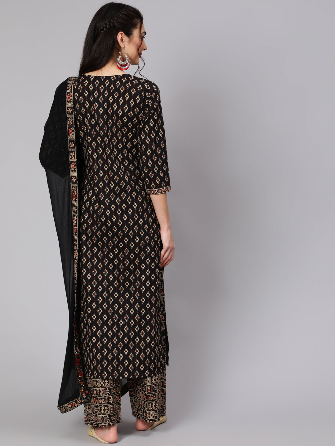 Women's Black Ethnic Printed Straight Kurta With Palazzo And Chiffon Dupatta