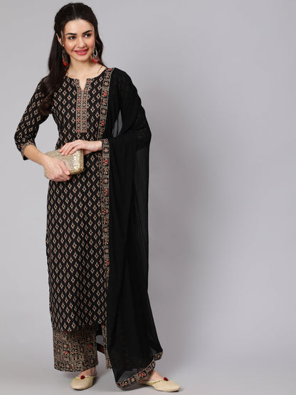 Women's Black Ethnic Printed Straight Kurta With Palazzo And Chiffon Dupatta