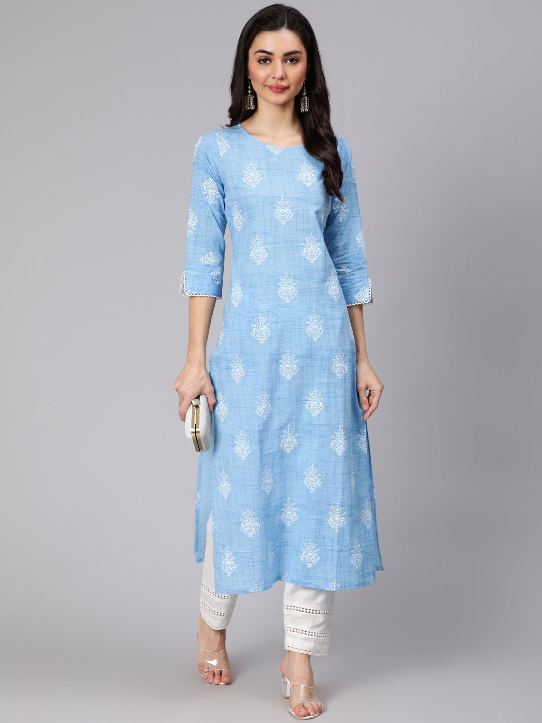 Women's Light Blue Printed Straight Kurta With Trouser And Lace Details