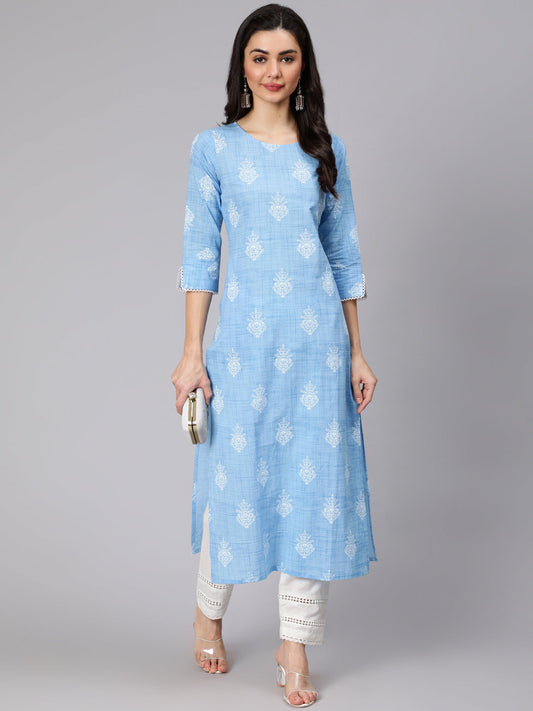 Women's Light Blue Printed Straight Kurta With Trouser And Lace Details