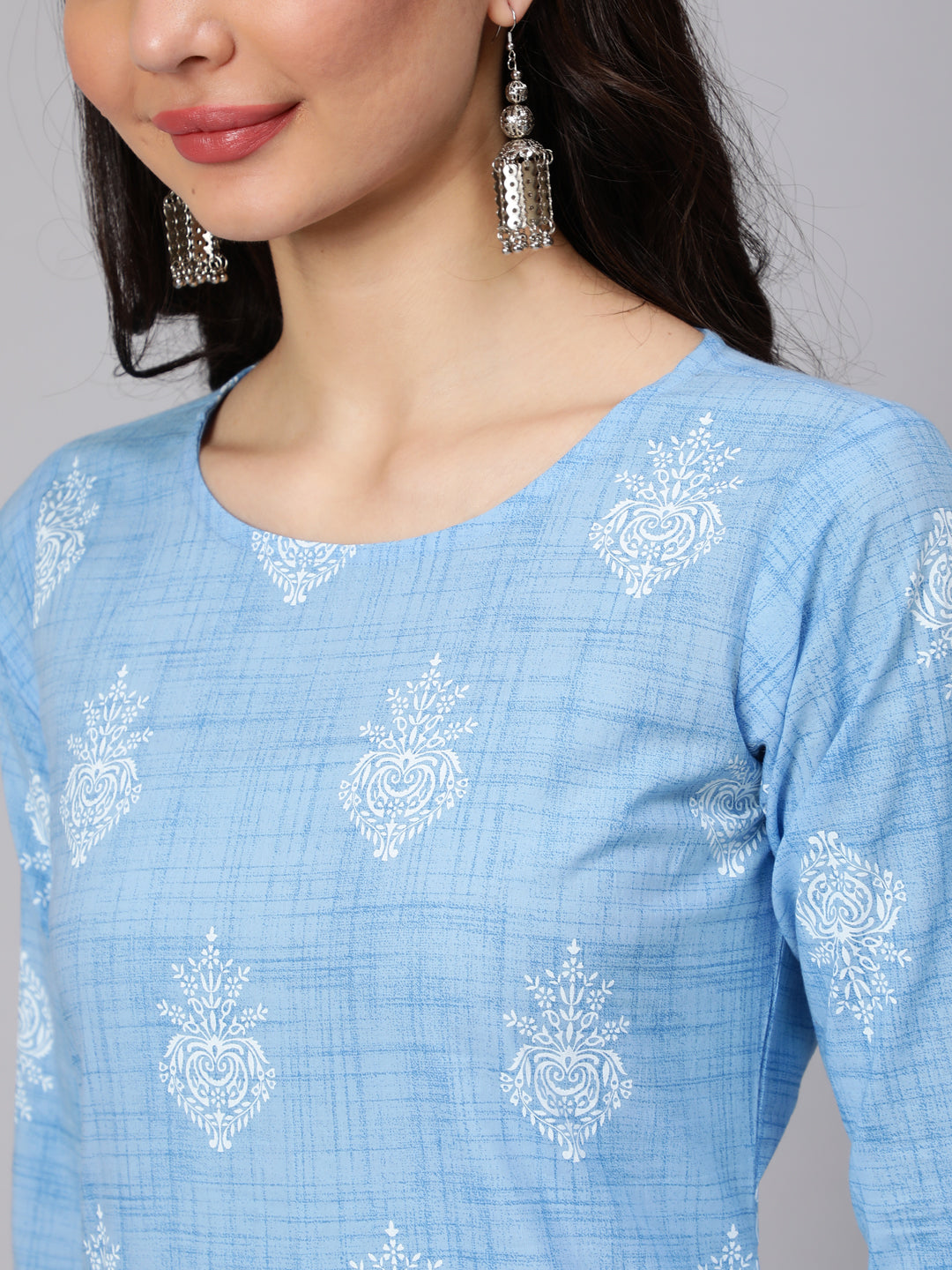 Women's Light Blue Printed Straight Kurta With Trouser And Lace Details