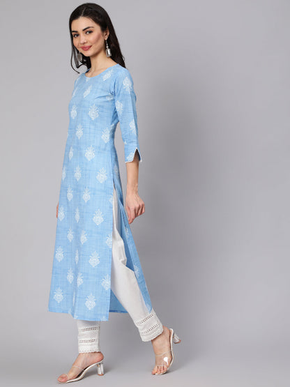Women's Light Blue Printed Straight Kurta With Trouser And Lace Details