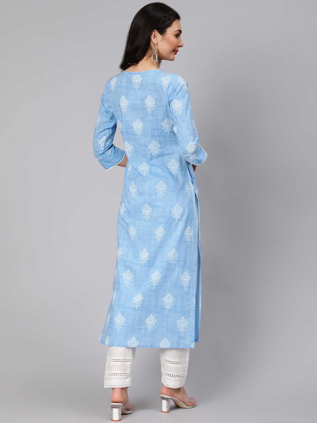 Women's Light Blue Printed Straight Kurta With Trouser And Lace Details