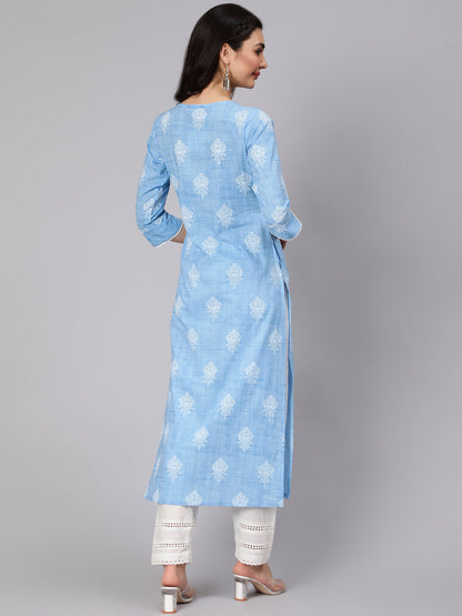 Women's Light Blue Printed Straight Kurta With Trouser And Lace Details