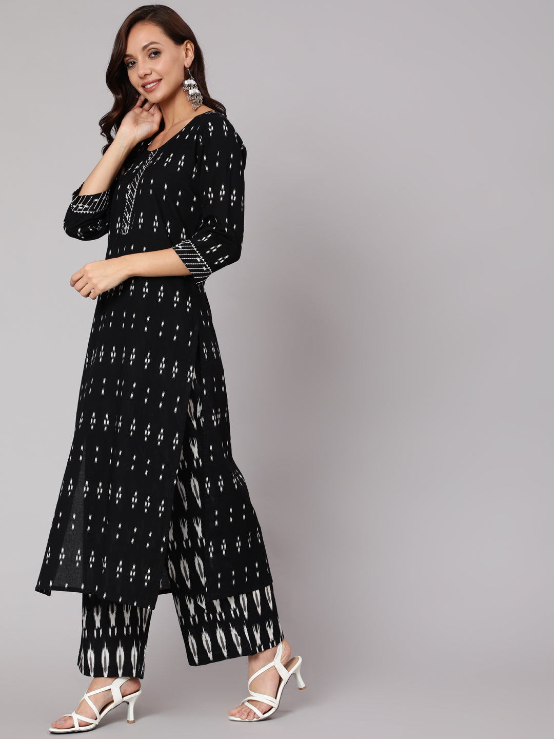 Women's Black Ethnic Printed Straight Kurta With Palazzo And Dupatta