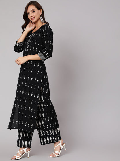 Women's Black Ethnic Printed Straight Kurta With Palazzo And Dupatta